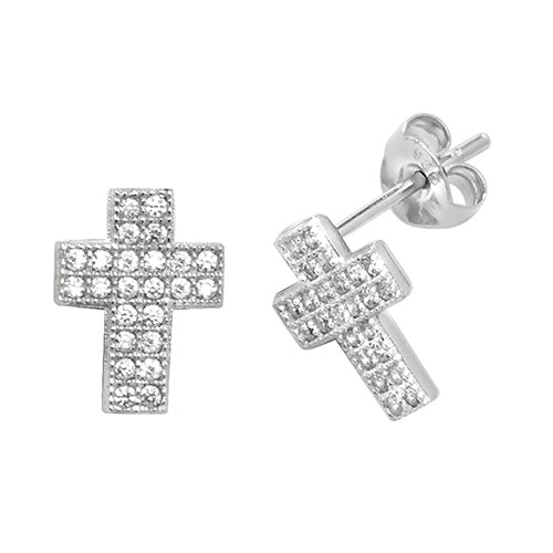 SILVER CROSS CZ STUD EARRINGS