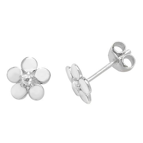 SILVER FLOWER SHAPED CZ STUD EARRINGS