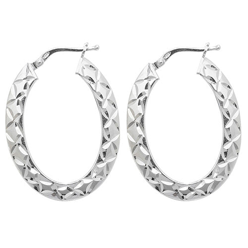 SILVER DIA CUT OVAL HOOP EARRINGS