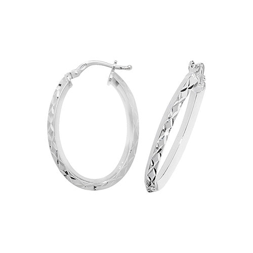 SILVER DIA CUT OVAL HOOP EARRINGS