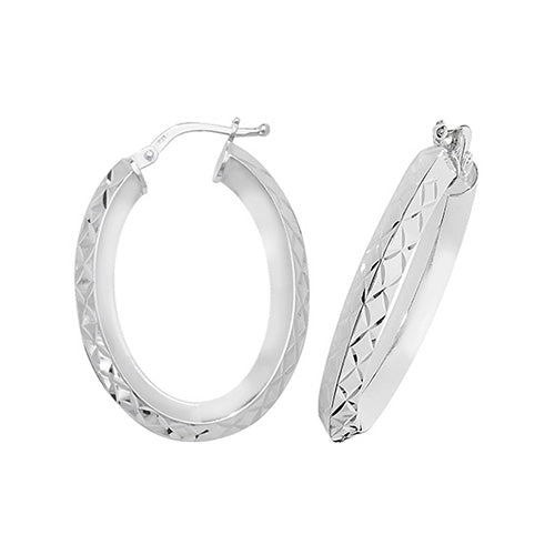 SILVER DIA CUT OVAL HOOP EARRINGS