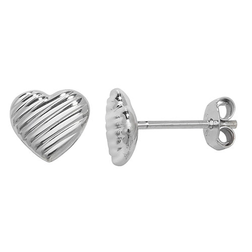 SILVER RIBBED HEART STUD EARRINGS