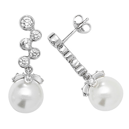 SILVER CZ & PEARL RH PLATED DROP EARRINGS