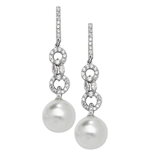 SILVER CZ & PEARL RH PLATED DROP EARRINGS