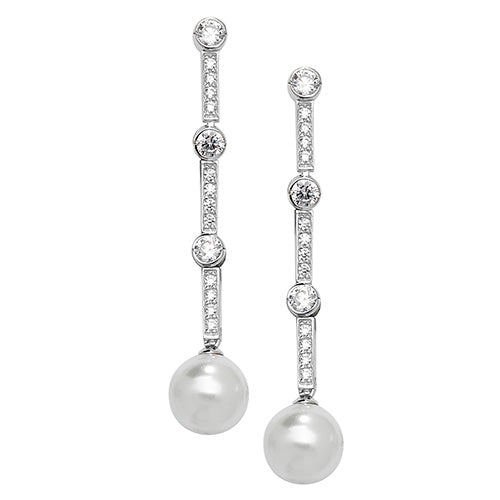 SILVER CZ & PEARL RH PLATED DROP EARRINGS