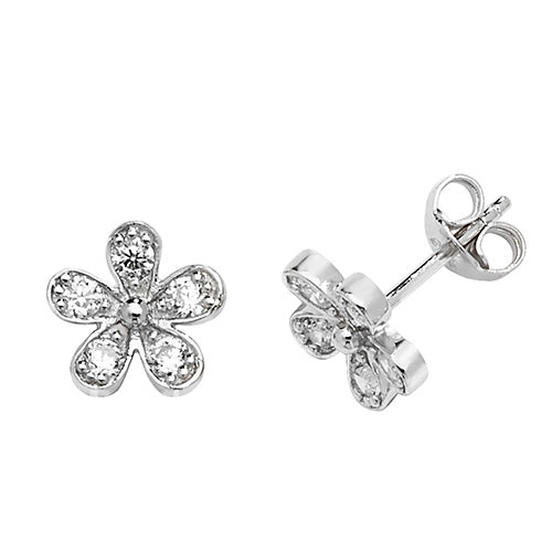 SILVER FLOWER SHAPED RH PLATED CZ STUD EARRINGS