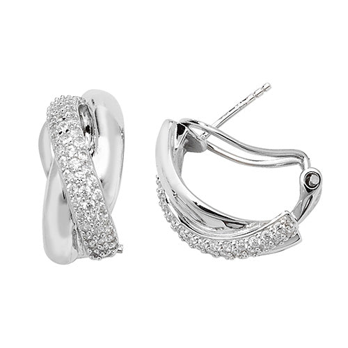 SILVER RH PLATED OMEGA CLIP CZ  EARRINGS