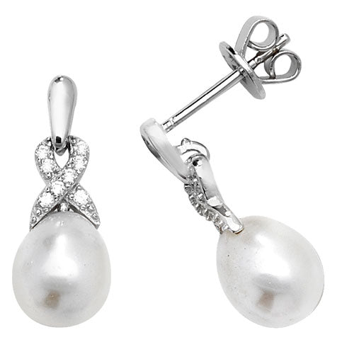 SILVER CZ & PEARL RH PLATED DROP EARRINGS