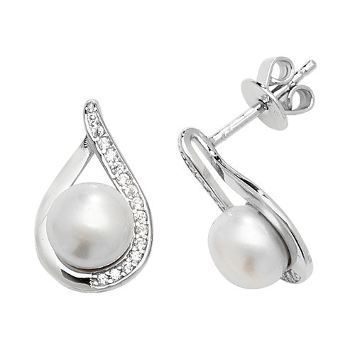 SILVER CZ & PEARL RH PLATED STUD EARRINGS