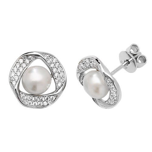 SILVER CZ & PEARL RH PLATED STUD EARRINGS