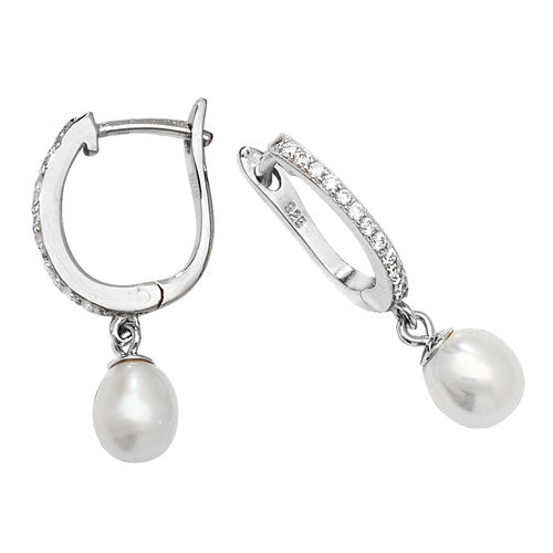 SILVER CZ & PEARL RH PLATED CLIP ON EARRINGS