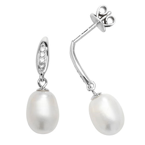 SILVER CZ & PEARL RH PLATED DROP EARRINGS