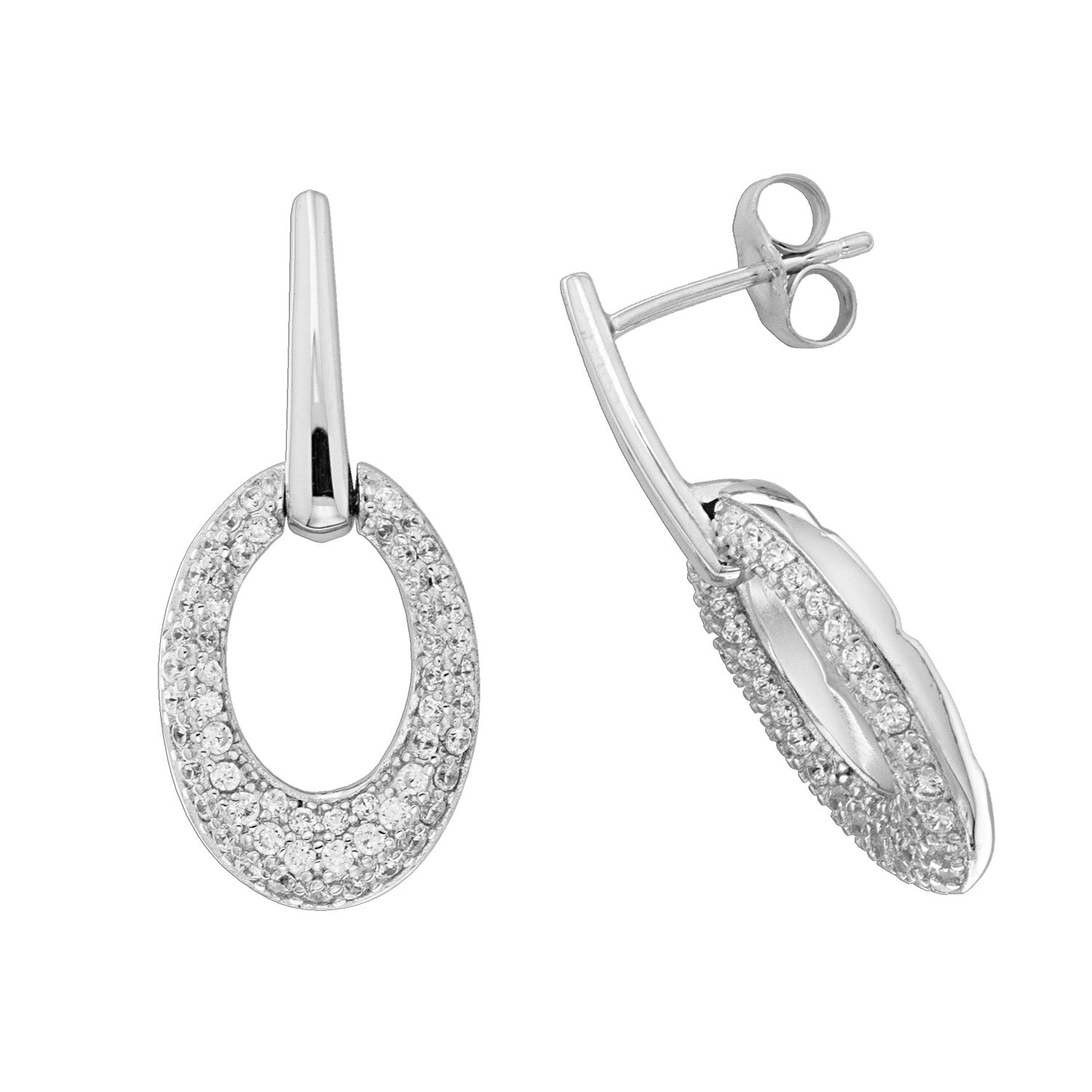 SILVER OVAL RH PLATED CZ DROP EARRINGS