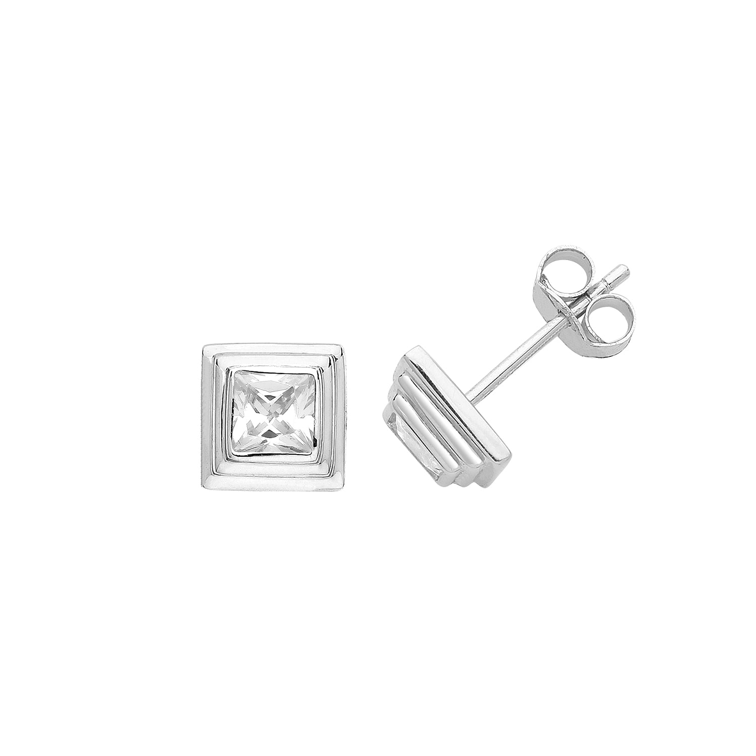 SILVER CZ SET SQ STUD EARRINGS 4MM