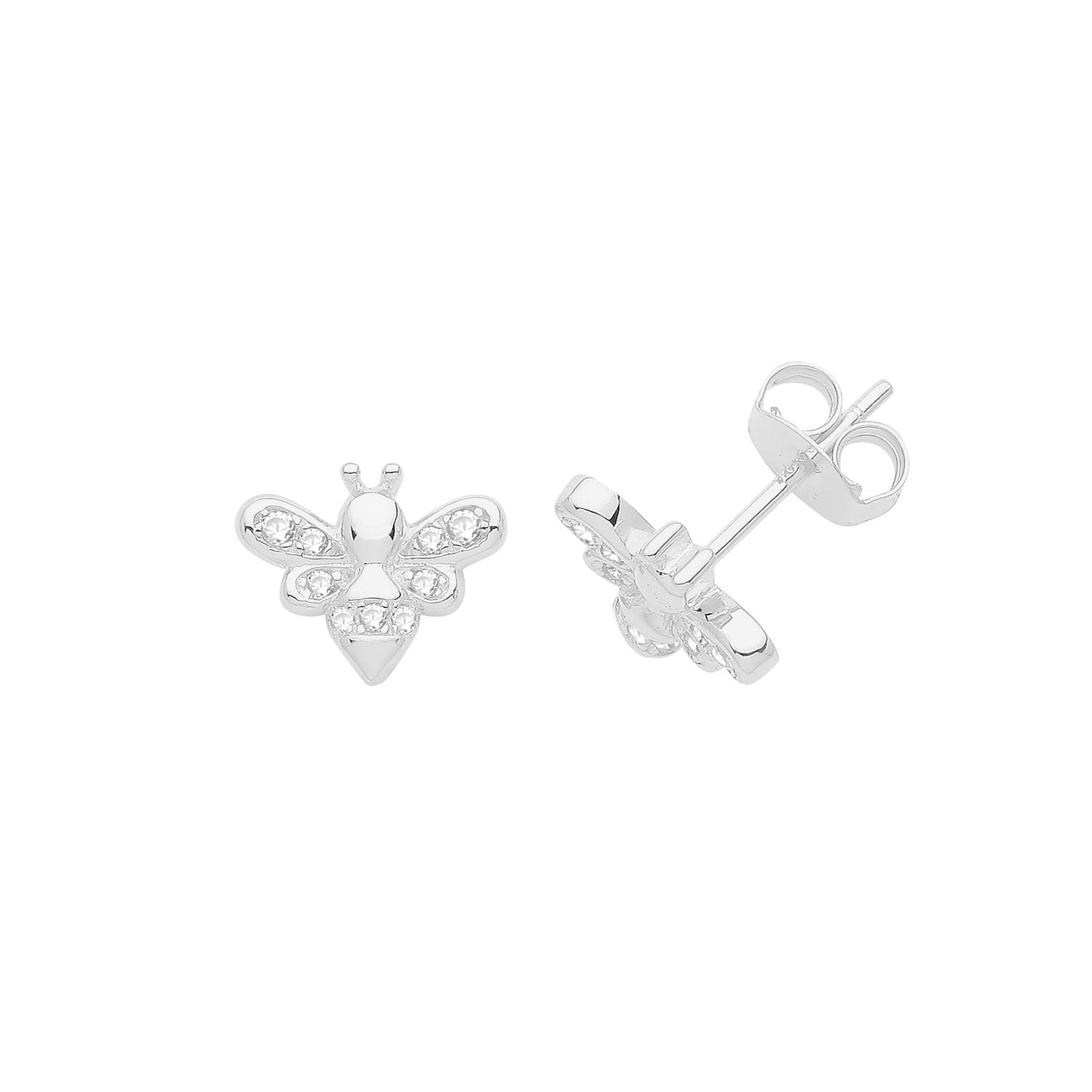 SILVER RHODIUM PLATED CZ SET BEE STUDS