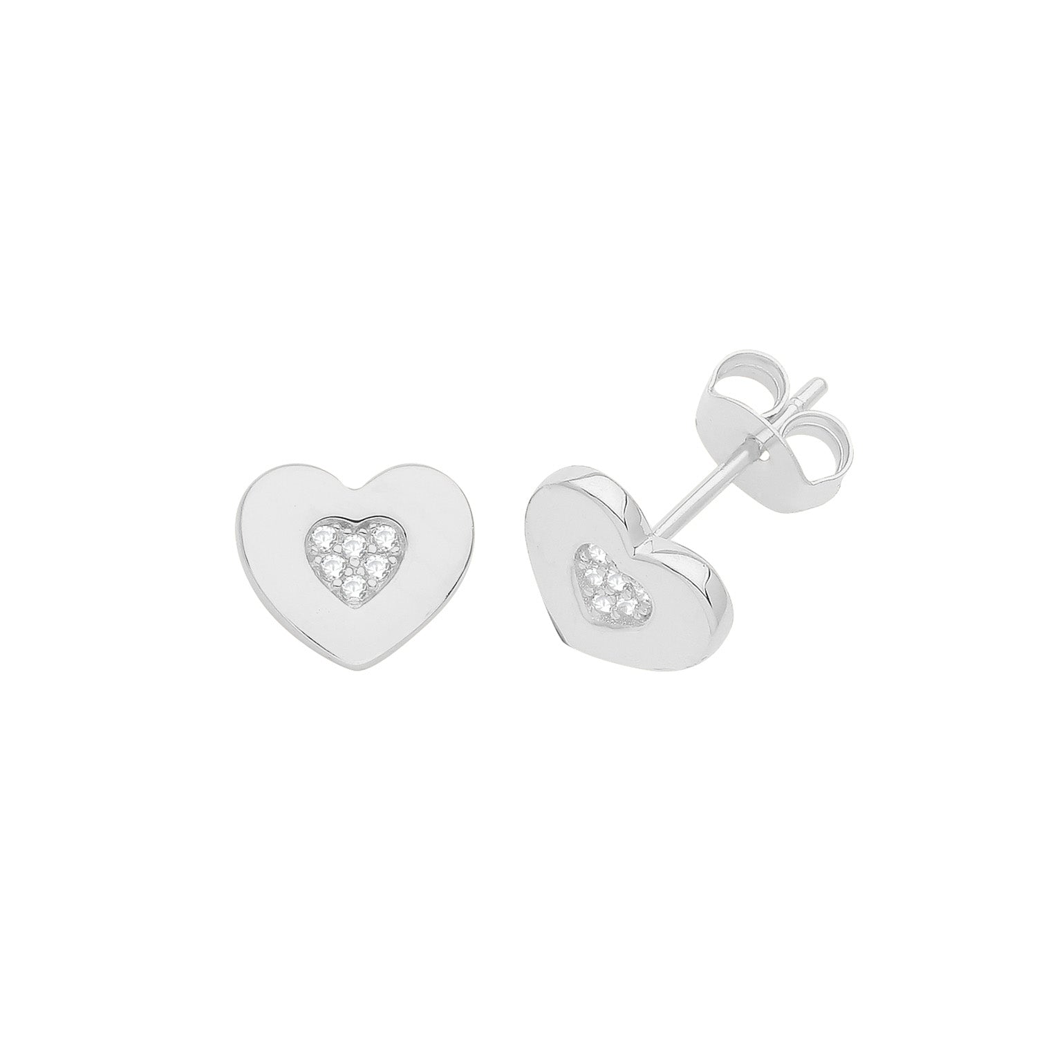 SILVER RHODIUM CZ SET HEART STUDS