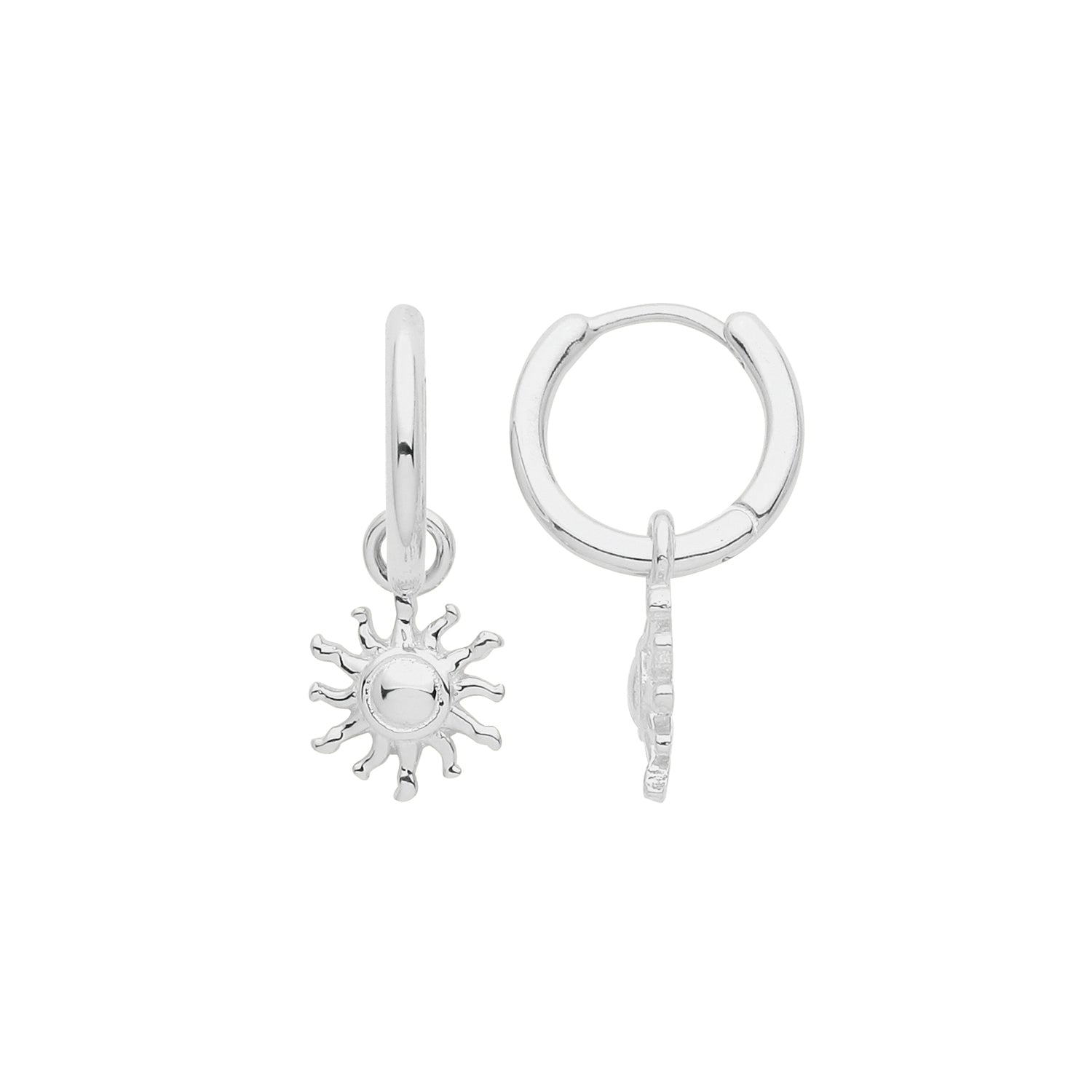 SILVER RHODIUM PLATED SUN CHARM ON HOOPS