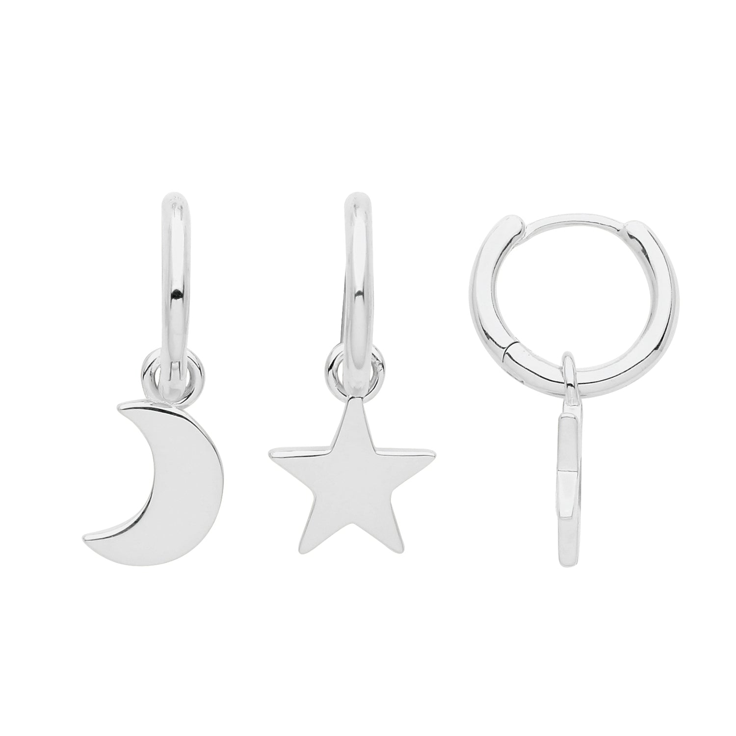 SILVER RHODIUM HOOPS WITH MOON AND STAR