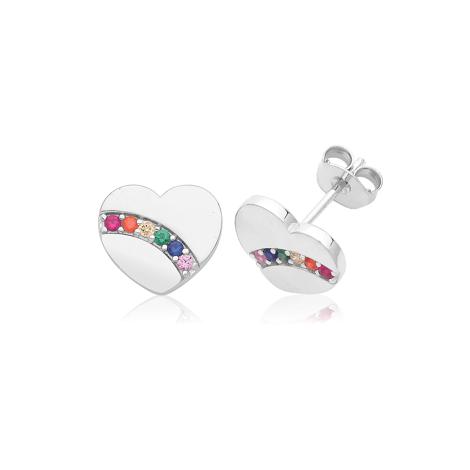 SILVER RHODIUM PLATED RAINBOW HEART STUDS