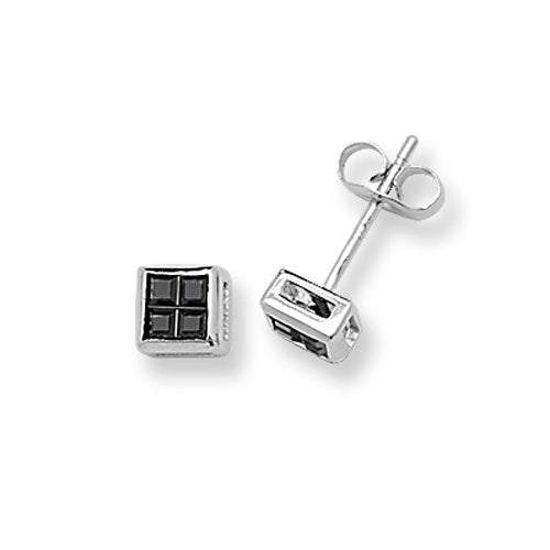 SILVER SQUARE BLACK CZ STUD EARRINGS