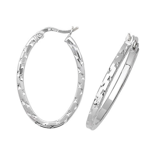 SILVER OVAL DIA CUT HOOP EARRINGS