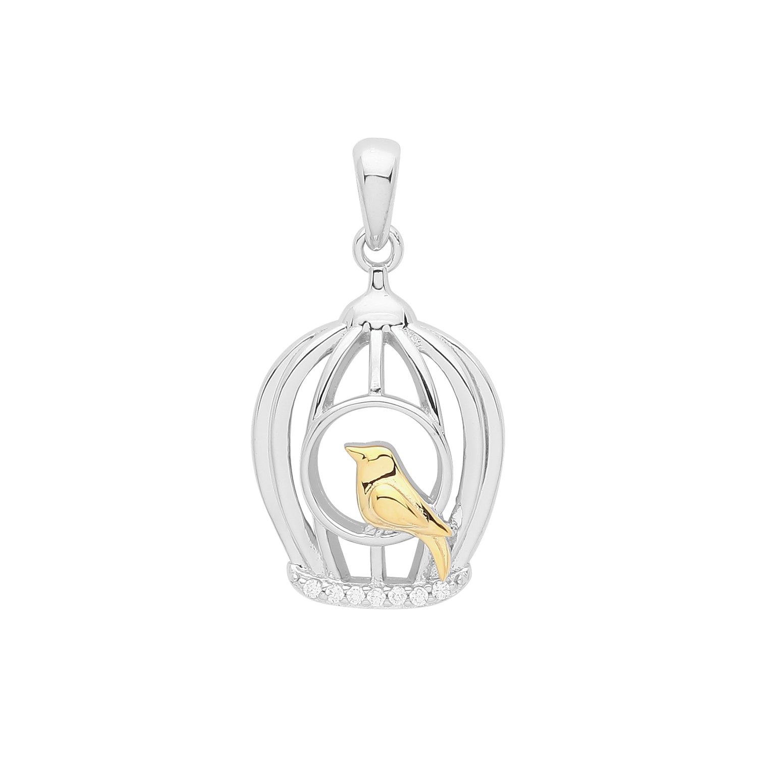 SILVER RHODIUM & YELLO GLOD PLATED BIRD CAGE PENDANT