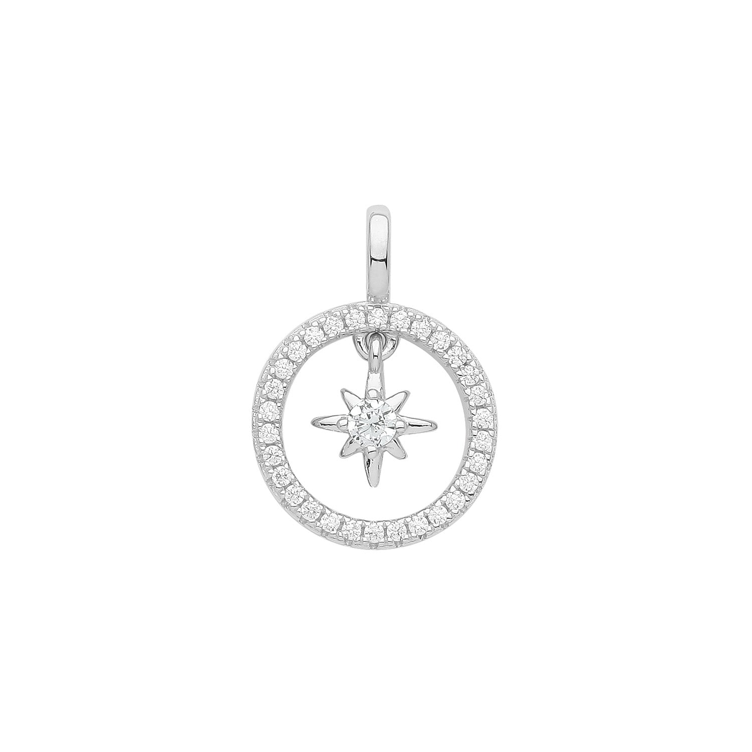 SILVER RHODIUM PLATED CZ SET STAR IN CIRCLE PENDANT