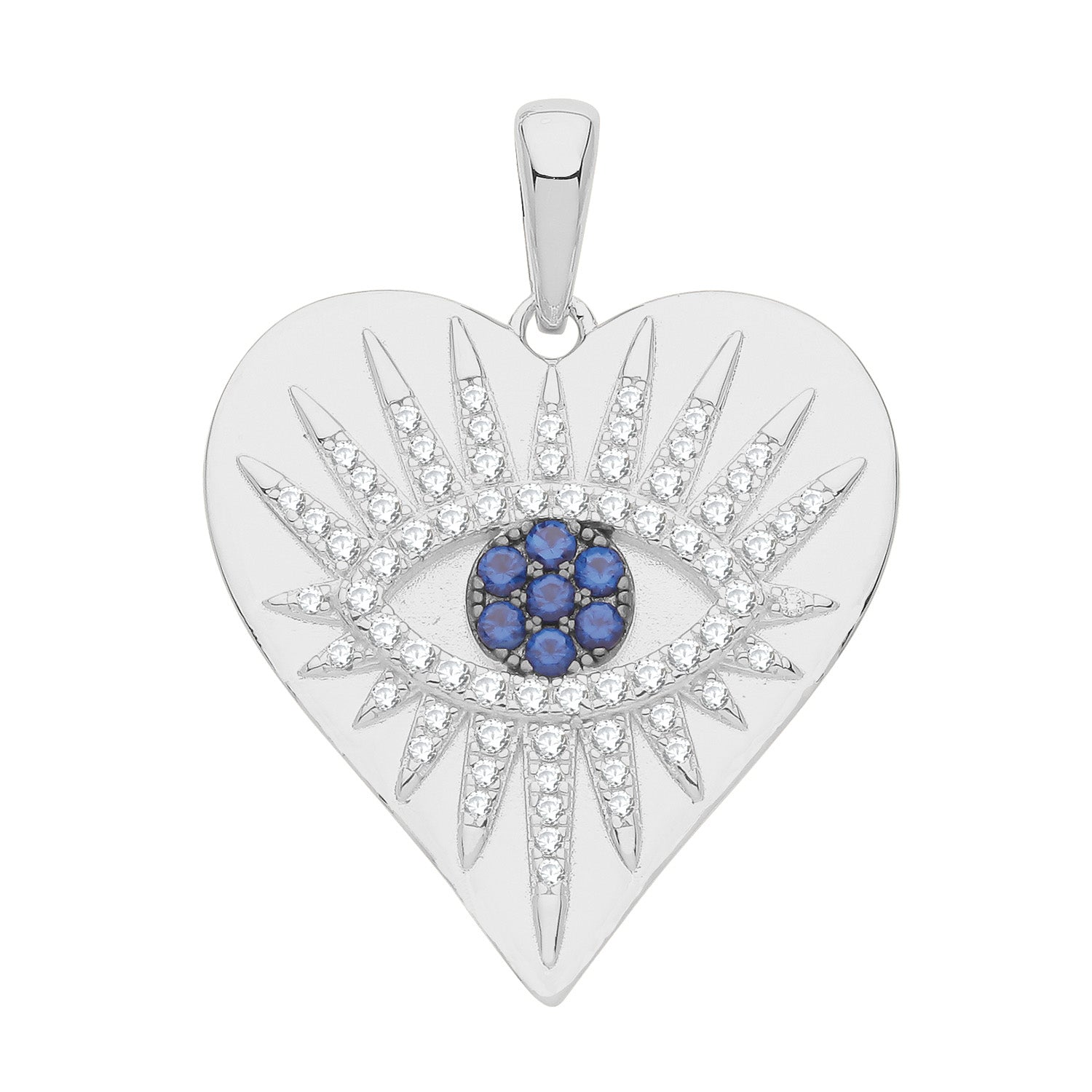 SILVER RHODIUM PLATED CZ EVIL EYE HEART PENDANT