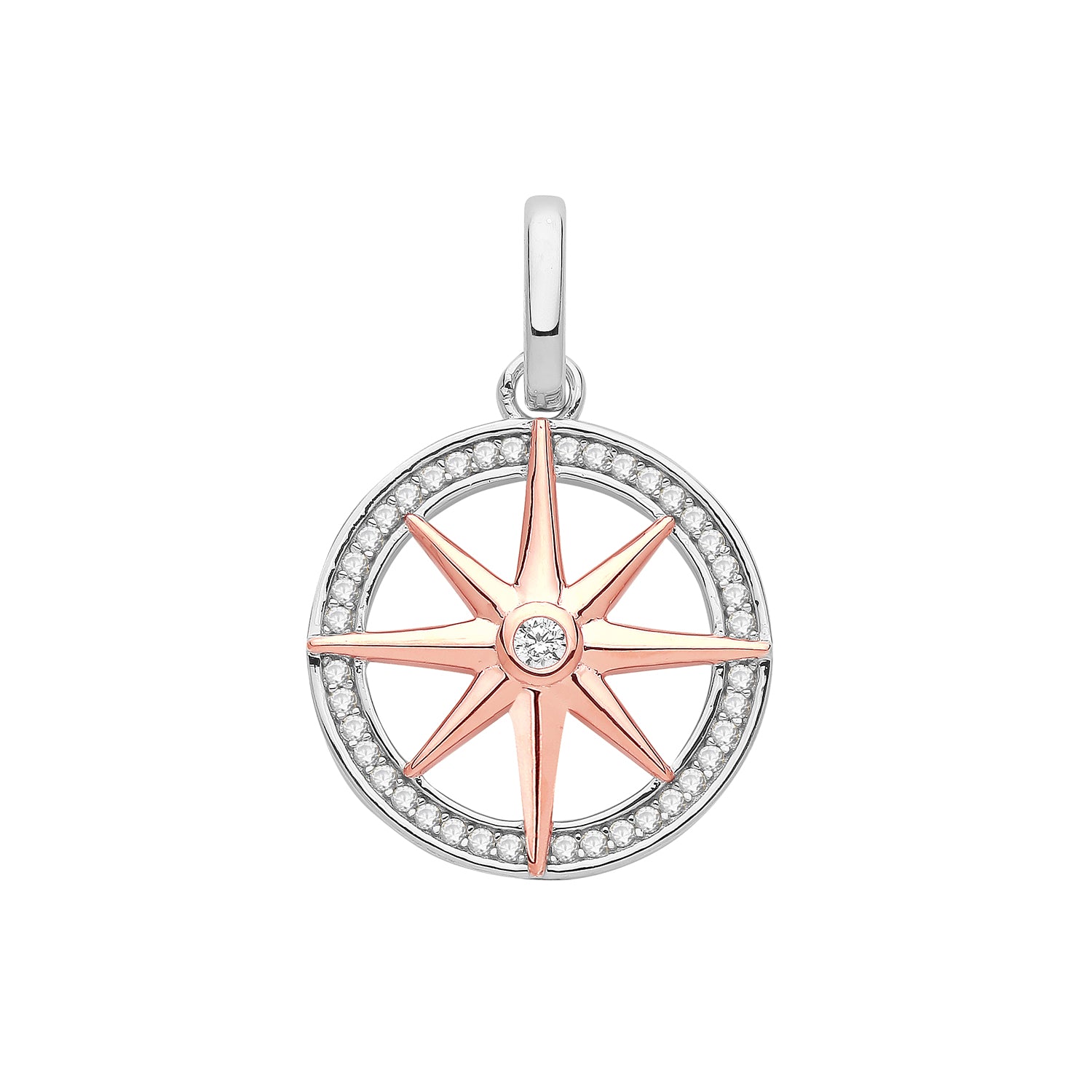 SILVER RHODIUM AND ROSE GOLD PLATED WIND ROSE PENDANT