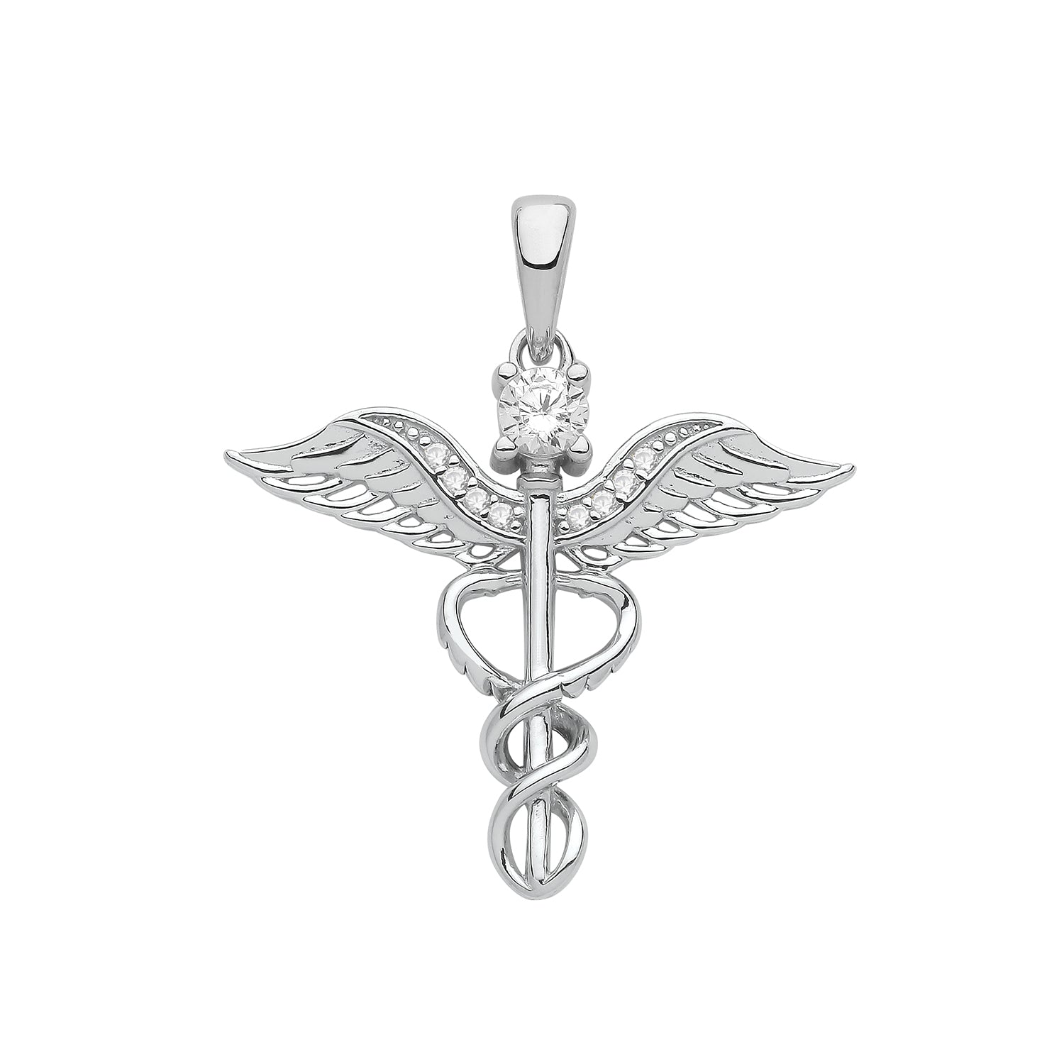 SILVER RHODIUM PLATED CADUCEUS PENDANT