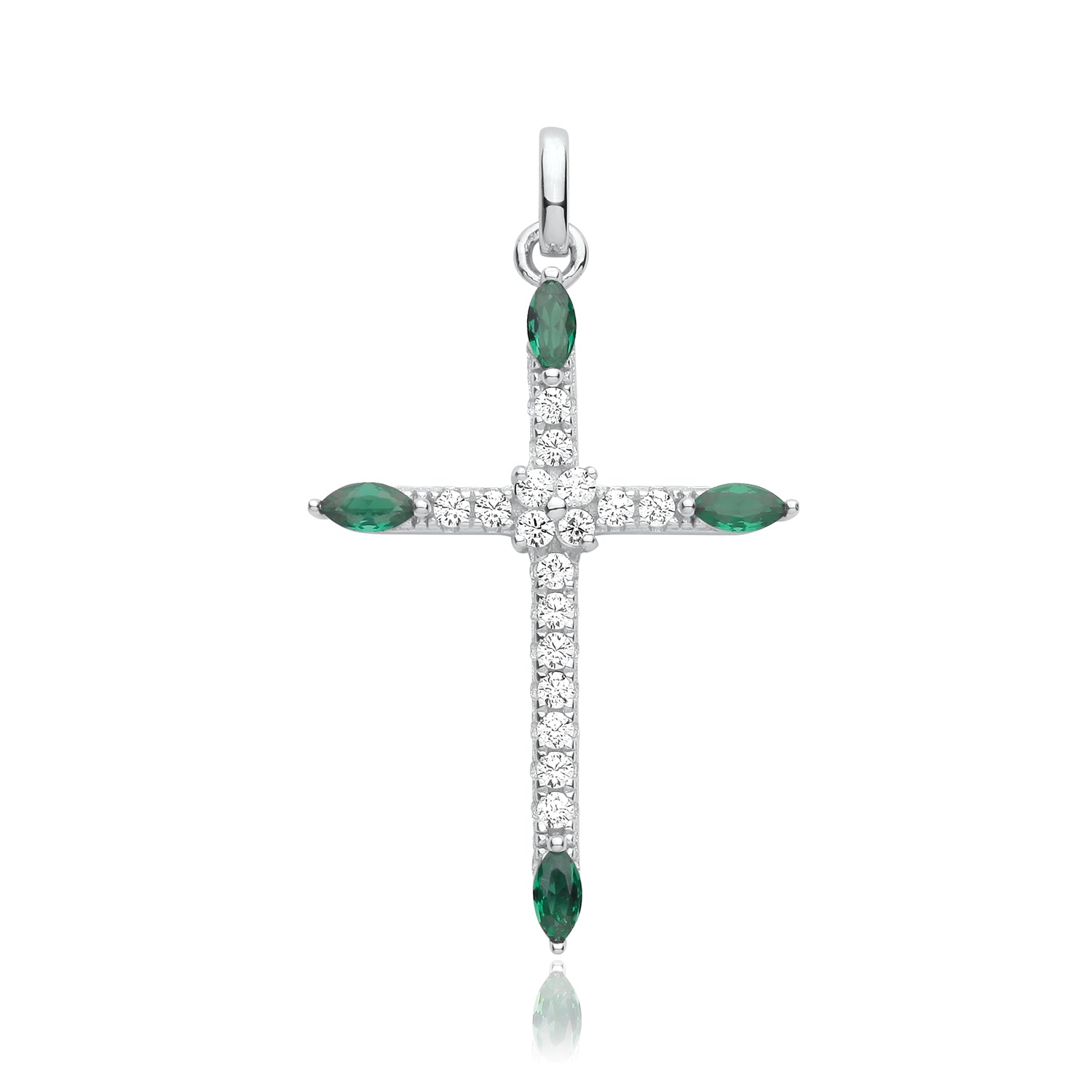 SILVER RHODIUM PLATED CZ CROSS PENDANT GREEN