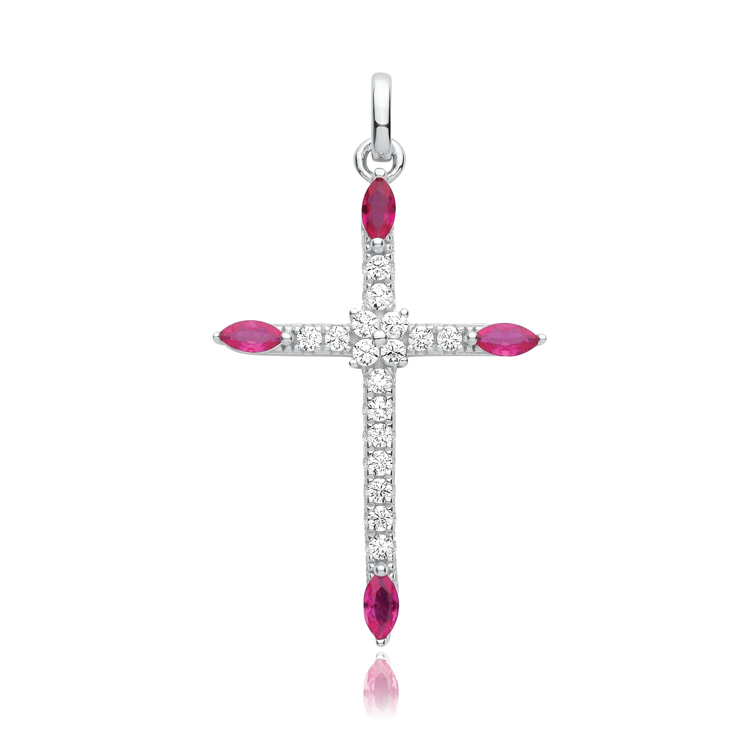 SILVER RHODIUM PLATED CZ CROSS PENDANT RED