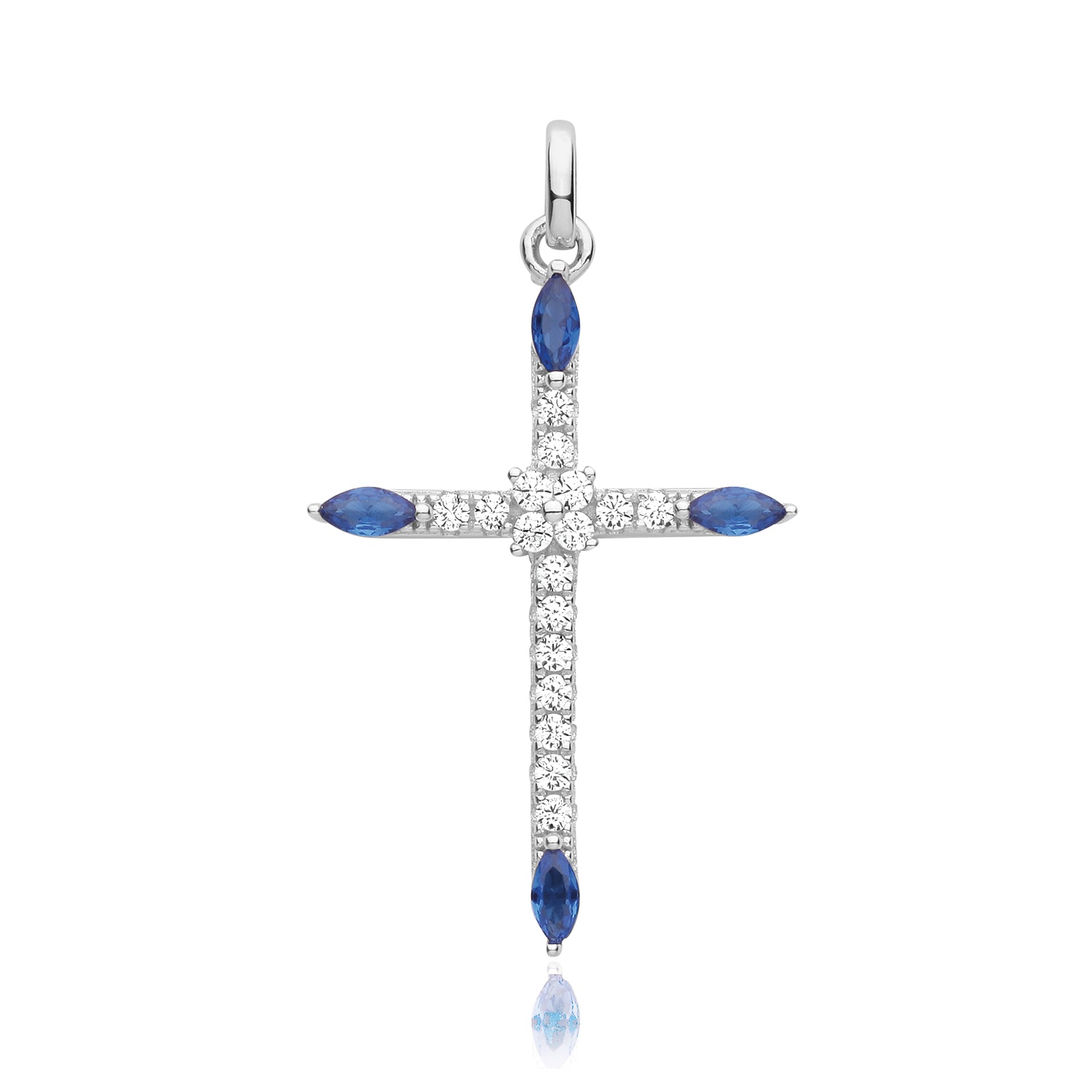 SILVER RHODIUM PLATED CZ CROSS PENDANT BLUE