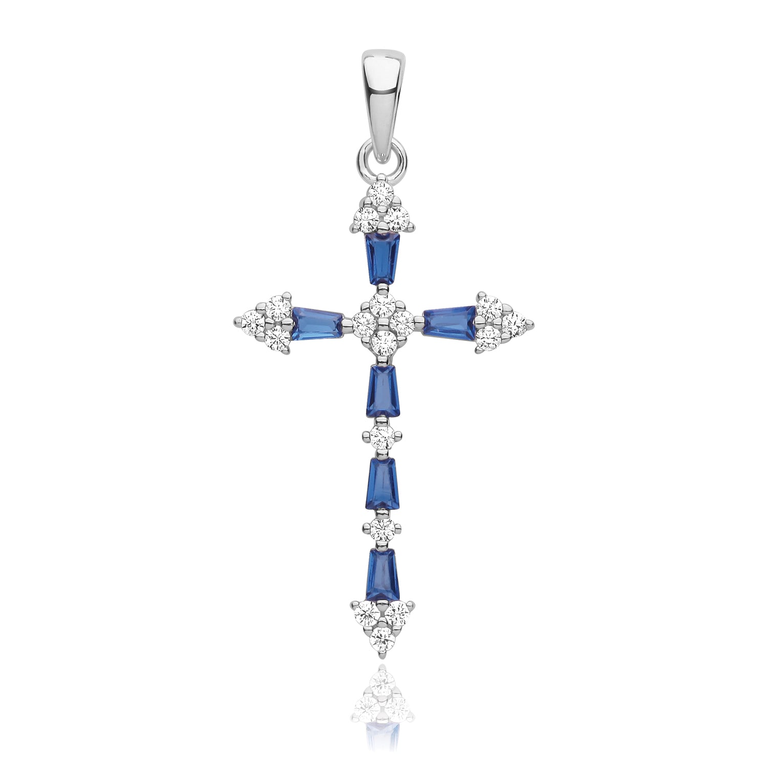 SILVER RHODIUM PLATED CZ CROSS PENDANT BLUE