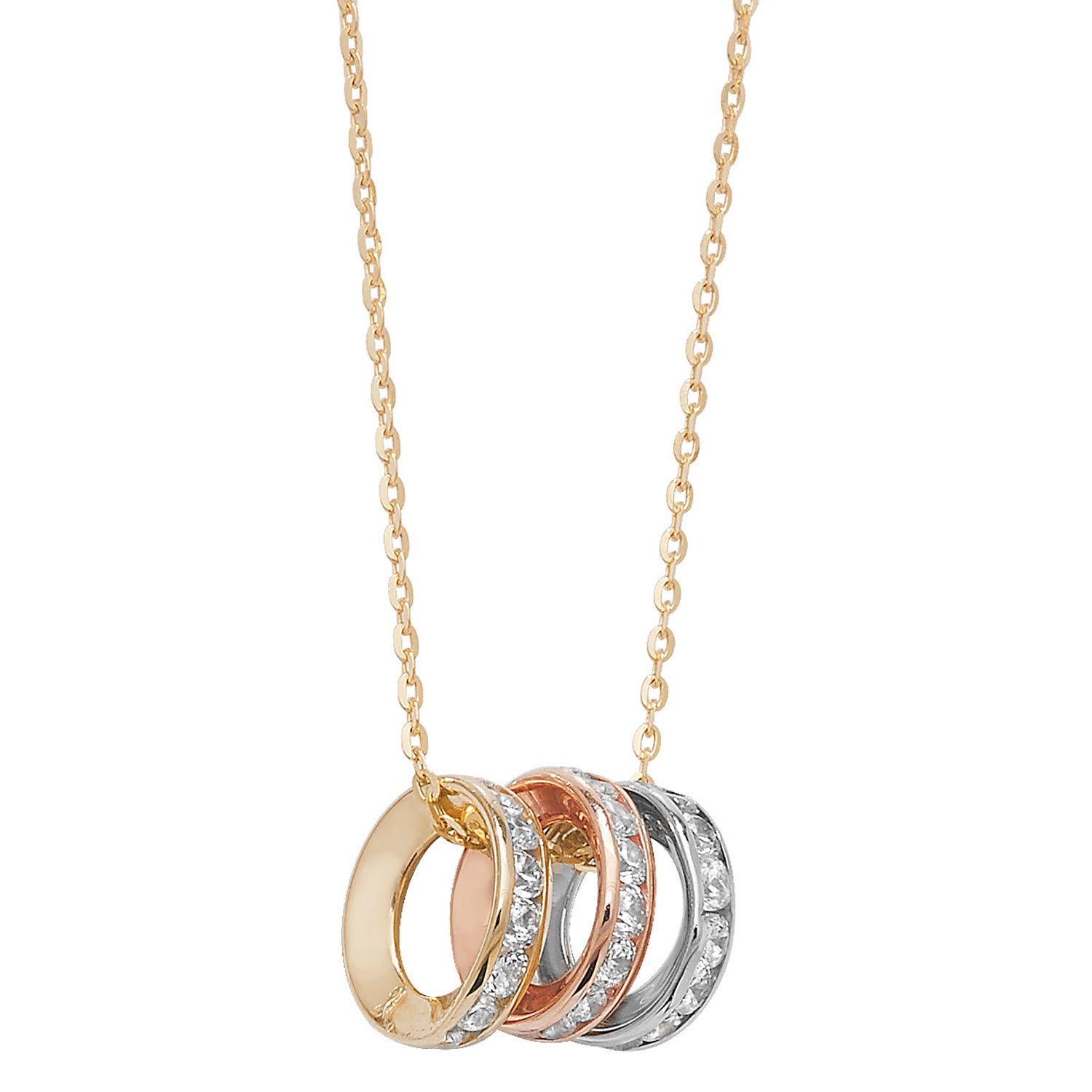 9CT GOLD CZ TRICOLOUR CIRCLES NECKLET