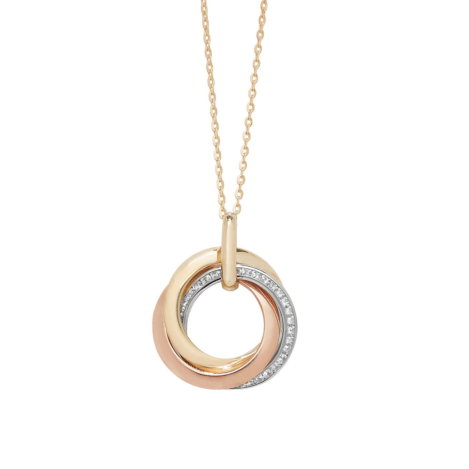 9CT GOLD TRICOLOUR CZ ENTEWINED CIRCLES NECKLET