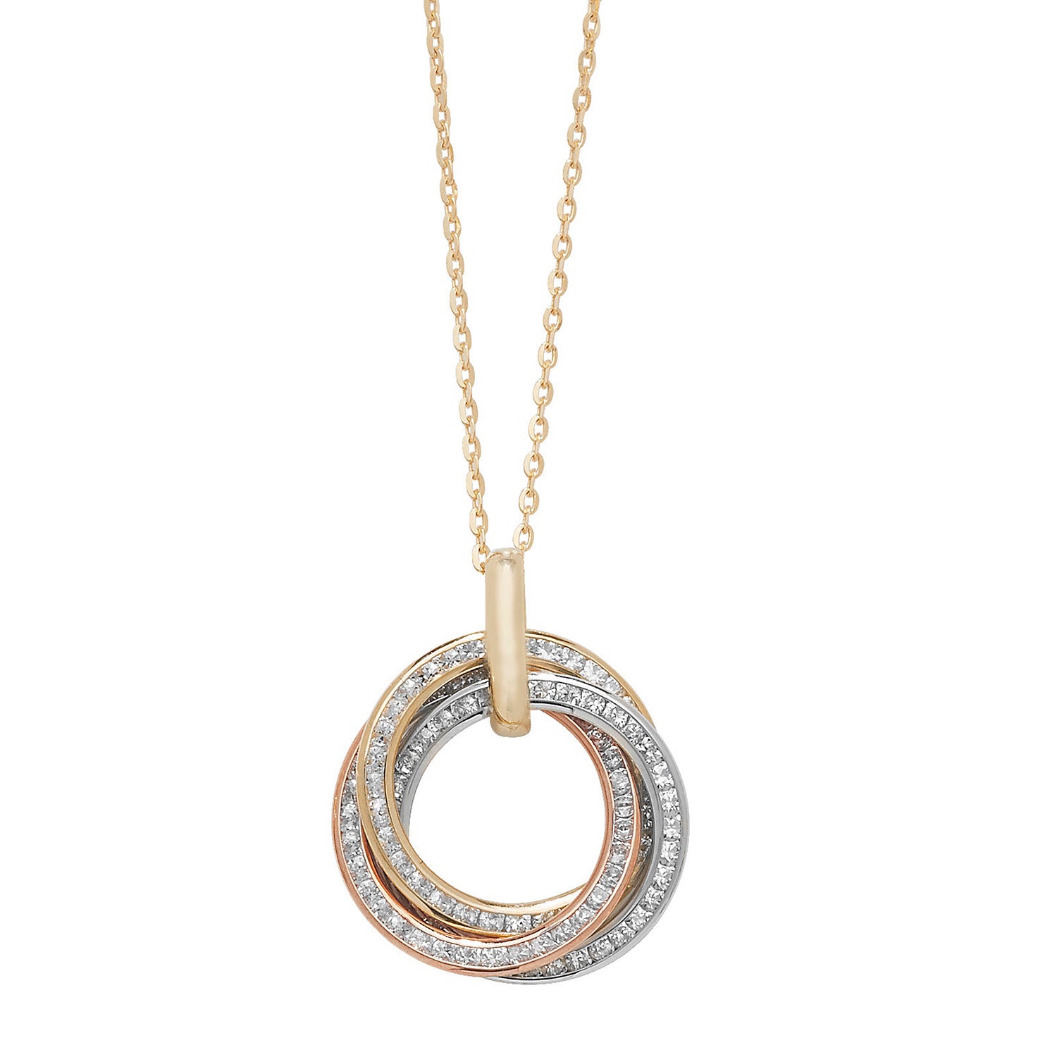 9CT GOLD TRICOLOUR CZ ENTEWINED CIRCLES NECKLET