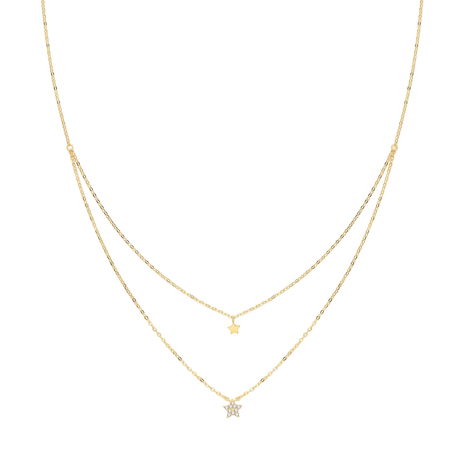 9CT GOLD PLAIN AND CZ STAR DOUBLE CHAIN NECKLET