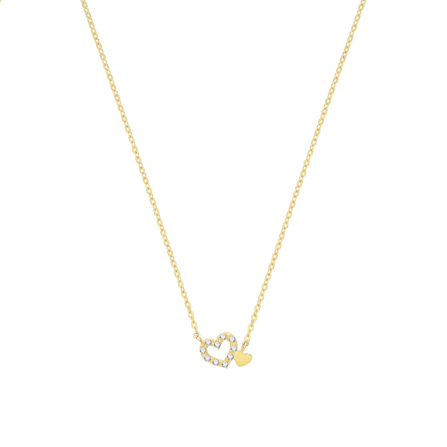 9CT GOLD PLAIN AND CZ DOUBLE HEART NECKLET