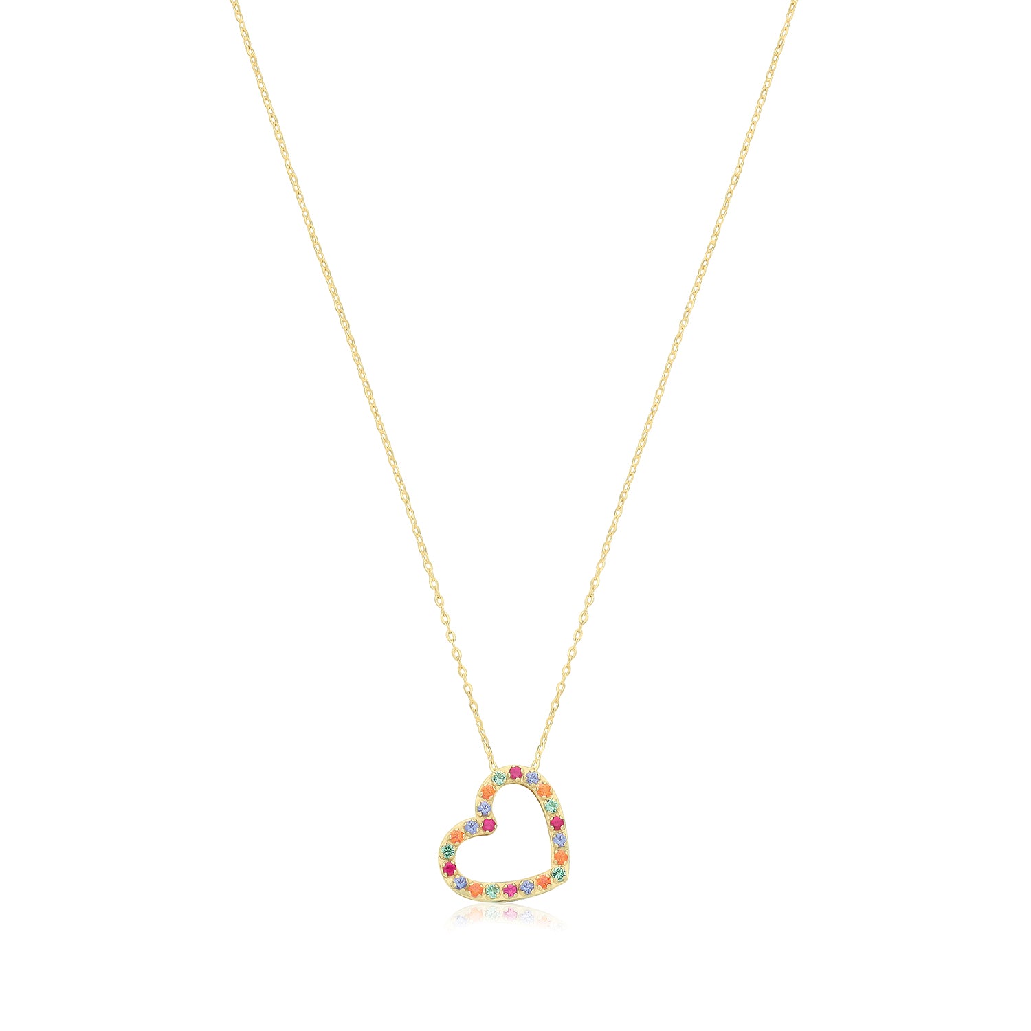 9CT GOLD MULTICOLOURED CZ HEART NECKLACE