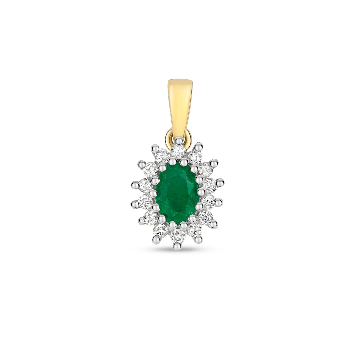 DIAMOND & EMERALD OVAL CLUSTER PENDANT IN 9CT GOLD