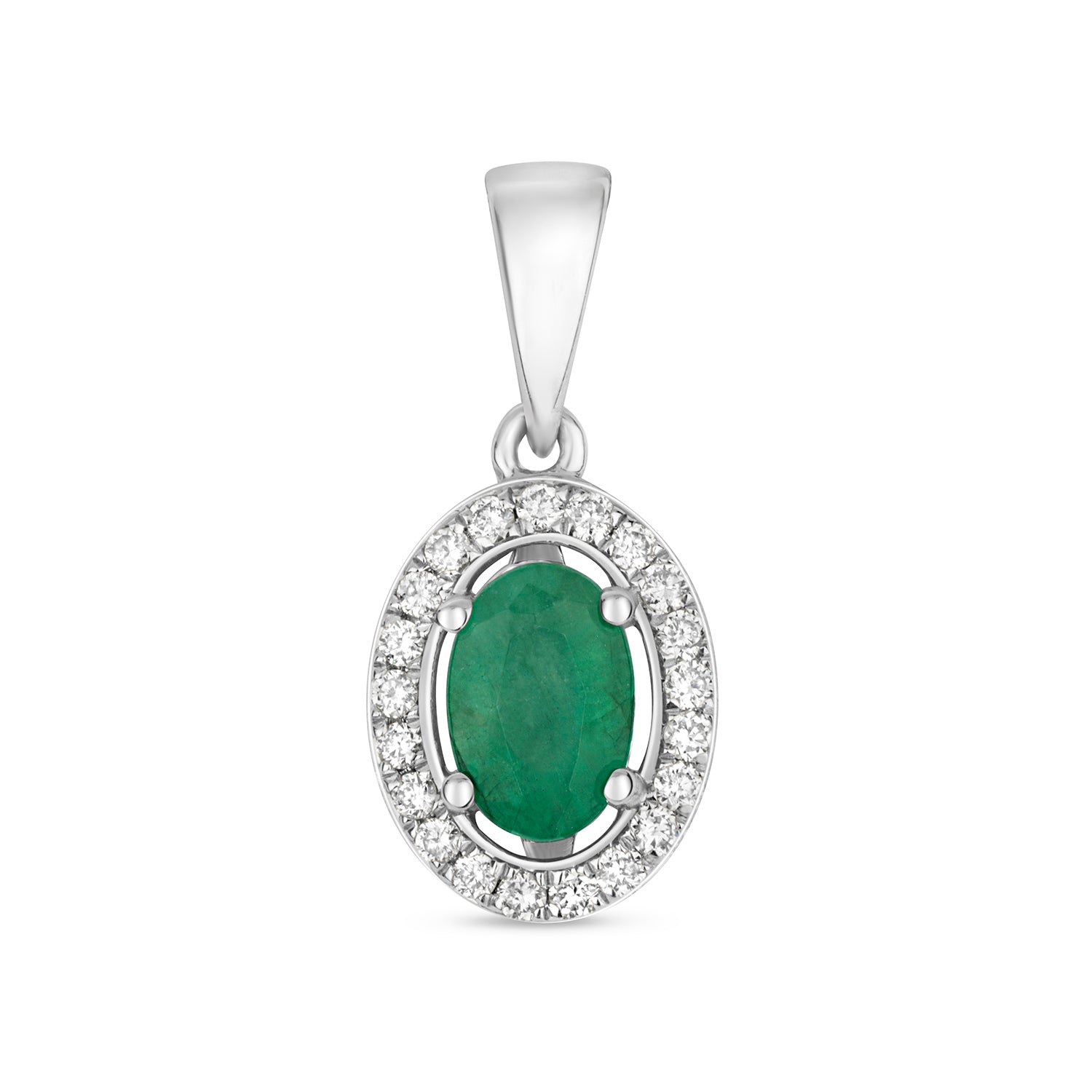 DIAMOND & EMERALD OVAL HALO PENDANT IN 9CT WHITE GOLD