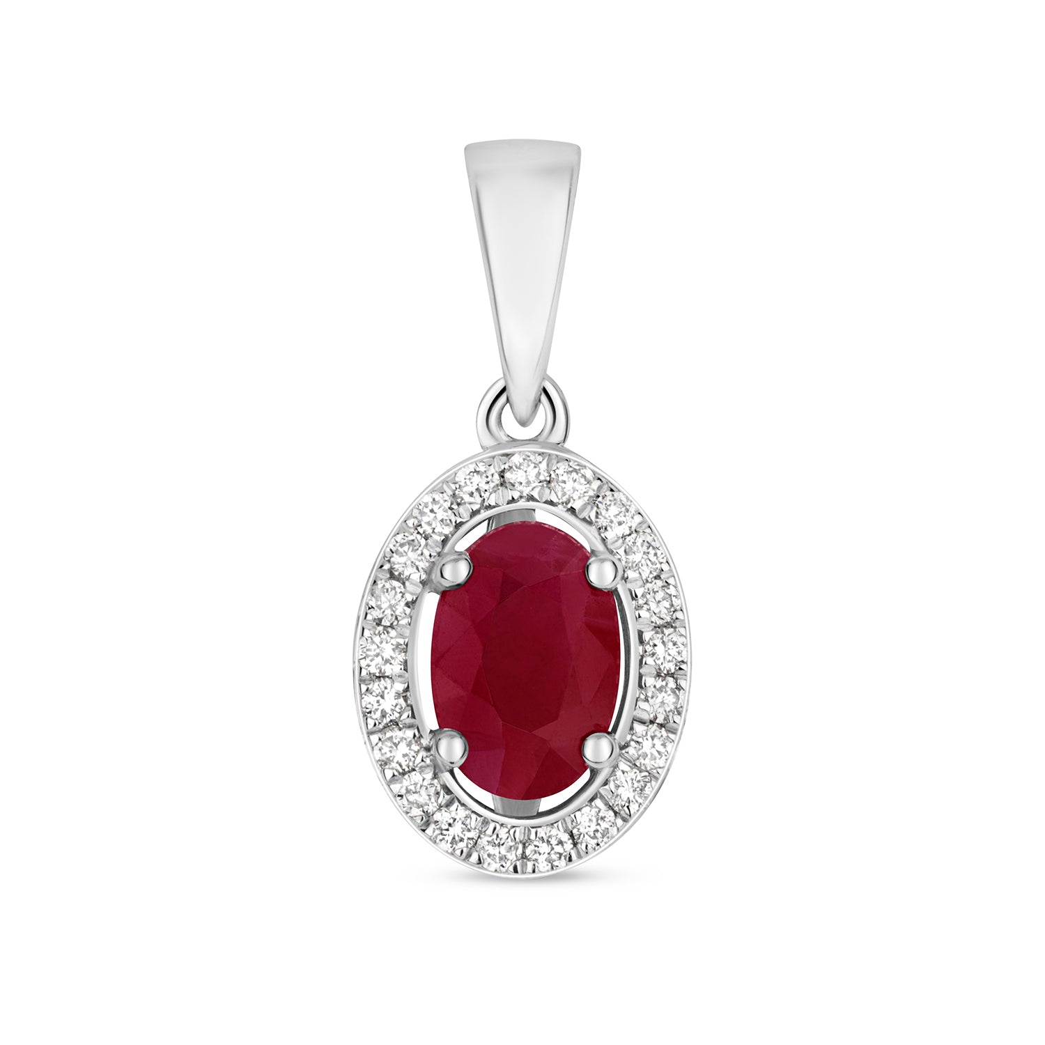 DIAMOND & RUBY OVAL HALO PENDANT IN 9CT WHITE GOLD