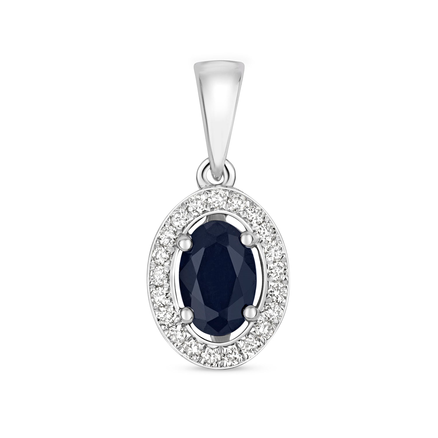 DIAMOND & SAPPHIRE OVAL HALO PENDANT IN 9T WHITE GOLD