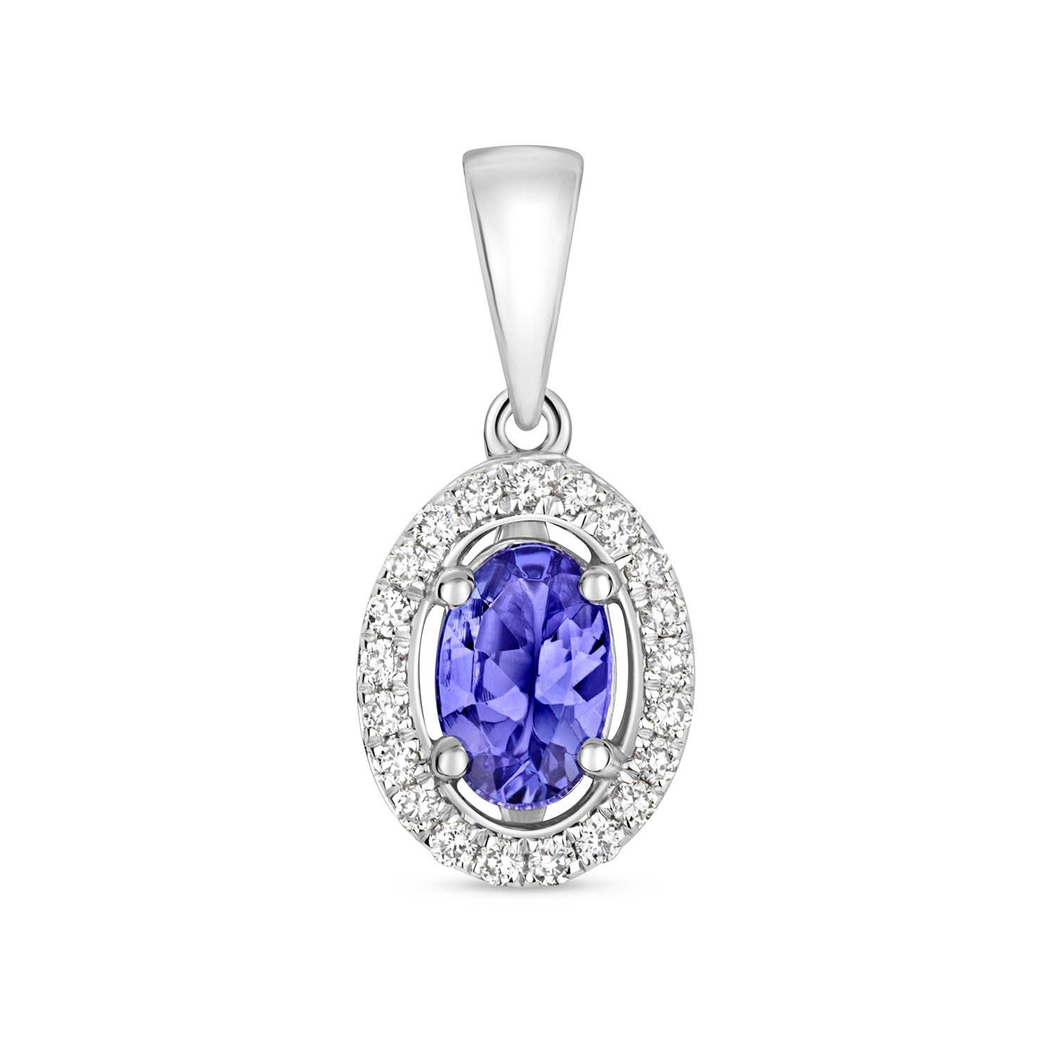 DIAMOND & TANZANITE OVAL HALO PENDANT IN 9CT WHITE GOLD