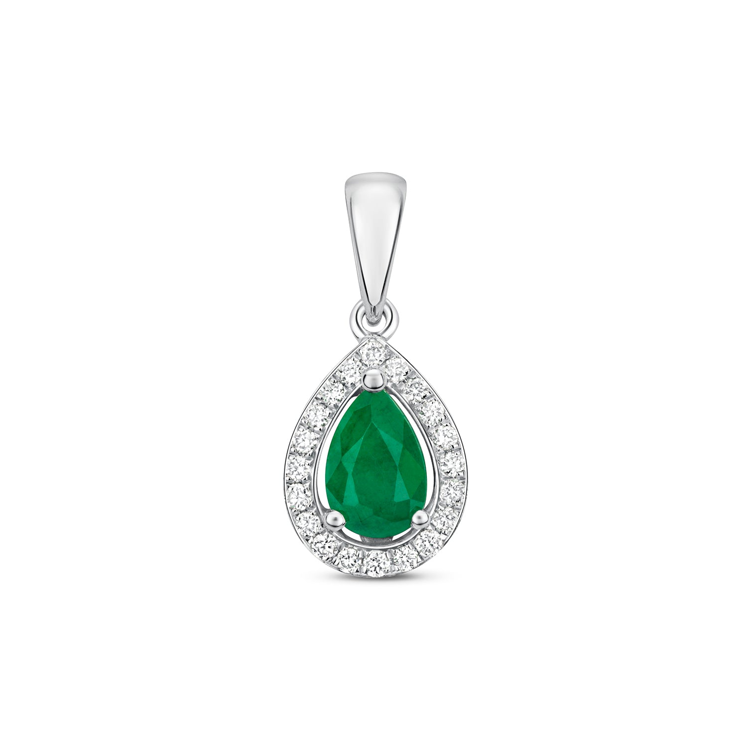 DIAMOND & EMERALD PEAR SHAPE HALO PENDANT IN 9CT WHITE GOLD