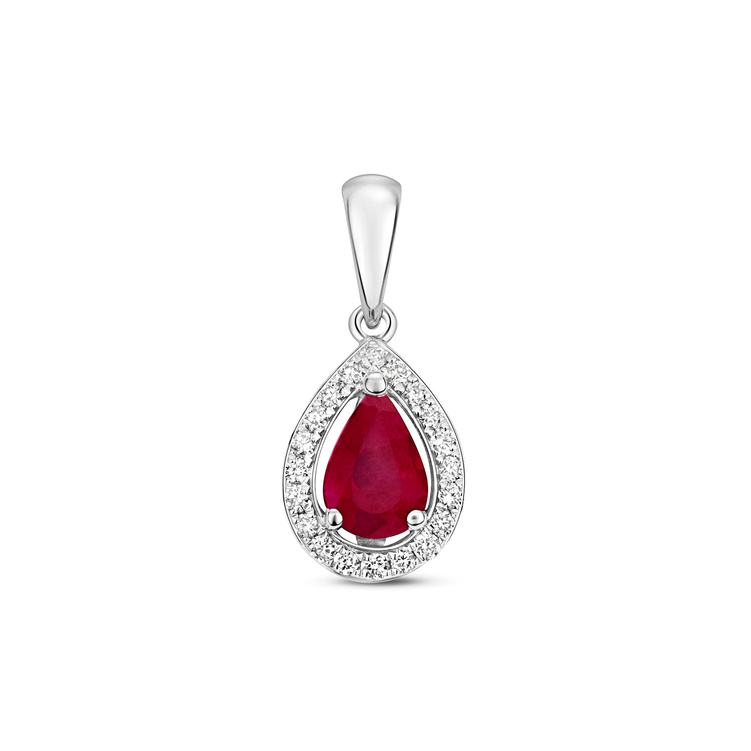 DIAMOND & RUBY PEAR SHAPE HALO PENDANT IN 9CT WHITE GOLD