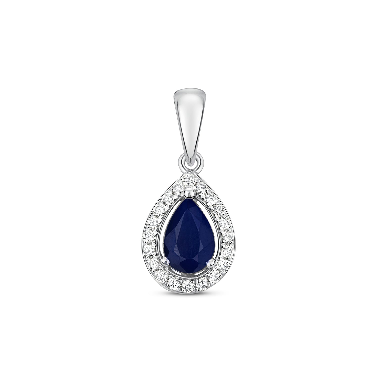 DIAMOND & SAPPHIRE PEAR SHAPE HALO PENDANT IN 9CT WHITE GOLD