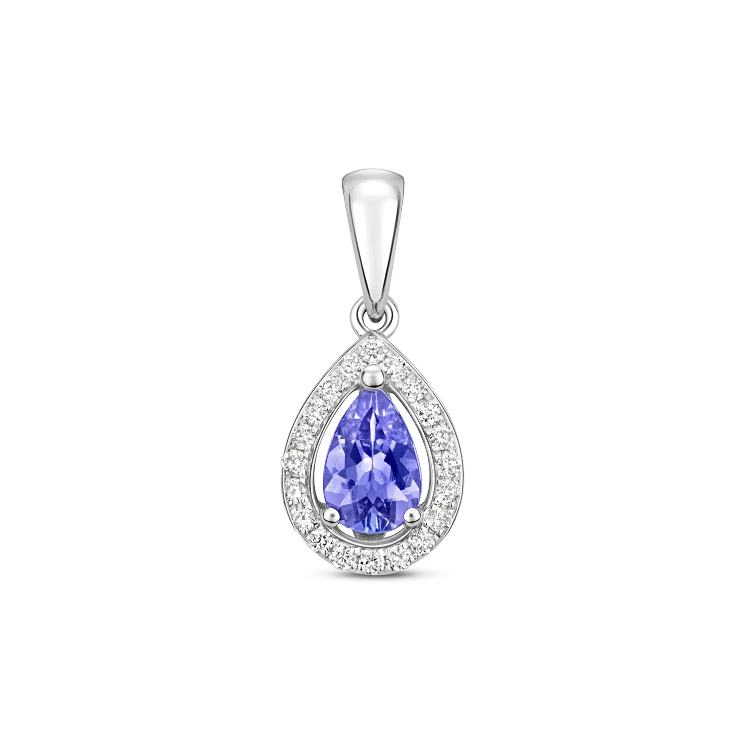 DIAMOND & TANZANITE PEAR SHAPE HALO PENDANT IN 9CT WHITE GOLD