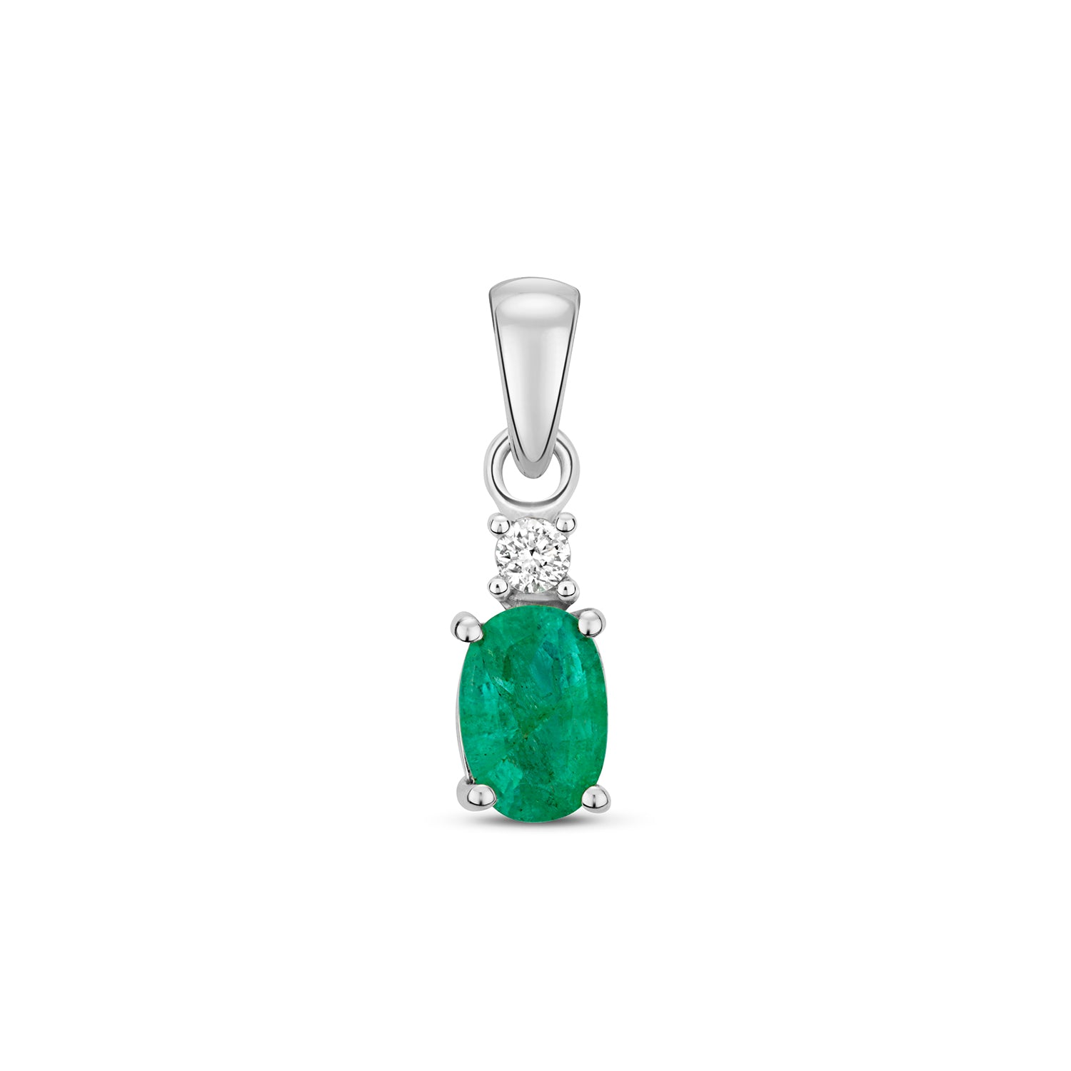 DIAMOND & EMERALD OVAL CLAW SET PENDANT IN 9CT WHITE GOLD